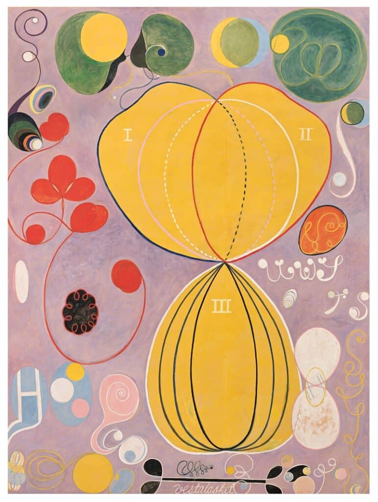 No 7. from The ten largest (Oct-Dec 1907) series of overwhelmingly  beautiful compositions, which represent the four stages of human development – childhood, youth, adulthood and old age. The Secret Paintings by Hilma af Klint explore embrace the artist’s lifetime explorations of spiritualism, science and the natural world.